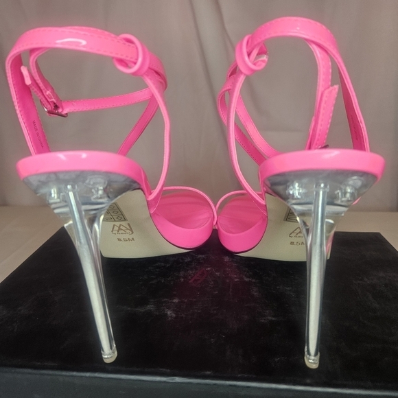 AAJ By Aminah Zayn Lucite Heel Asymmetrical Strap Dress Sandals - Neno Pink $150 - Picture 4 of 15